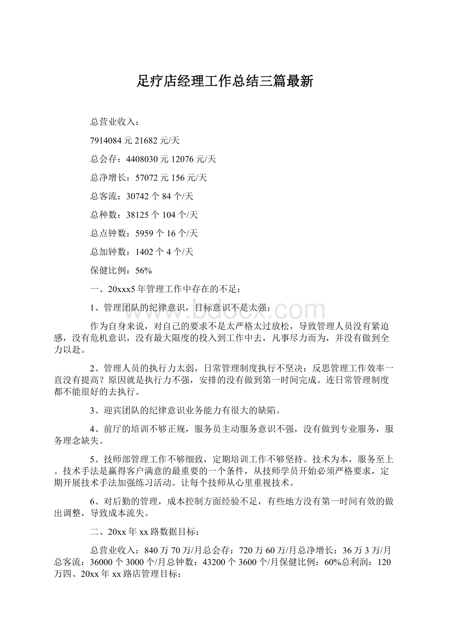 足疗店经理工作总结三篇最新Word文档下载推荐.docx