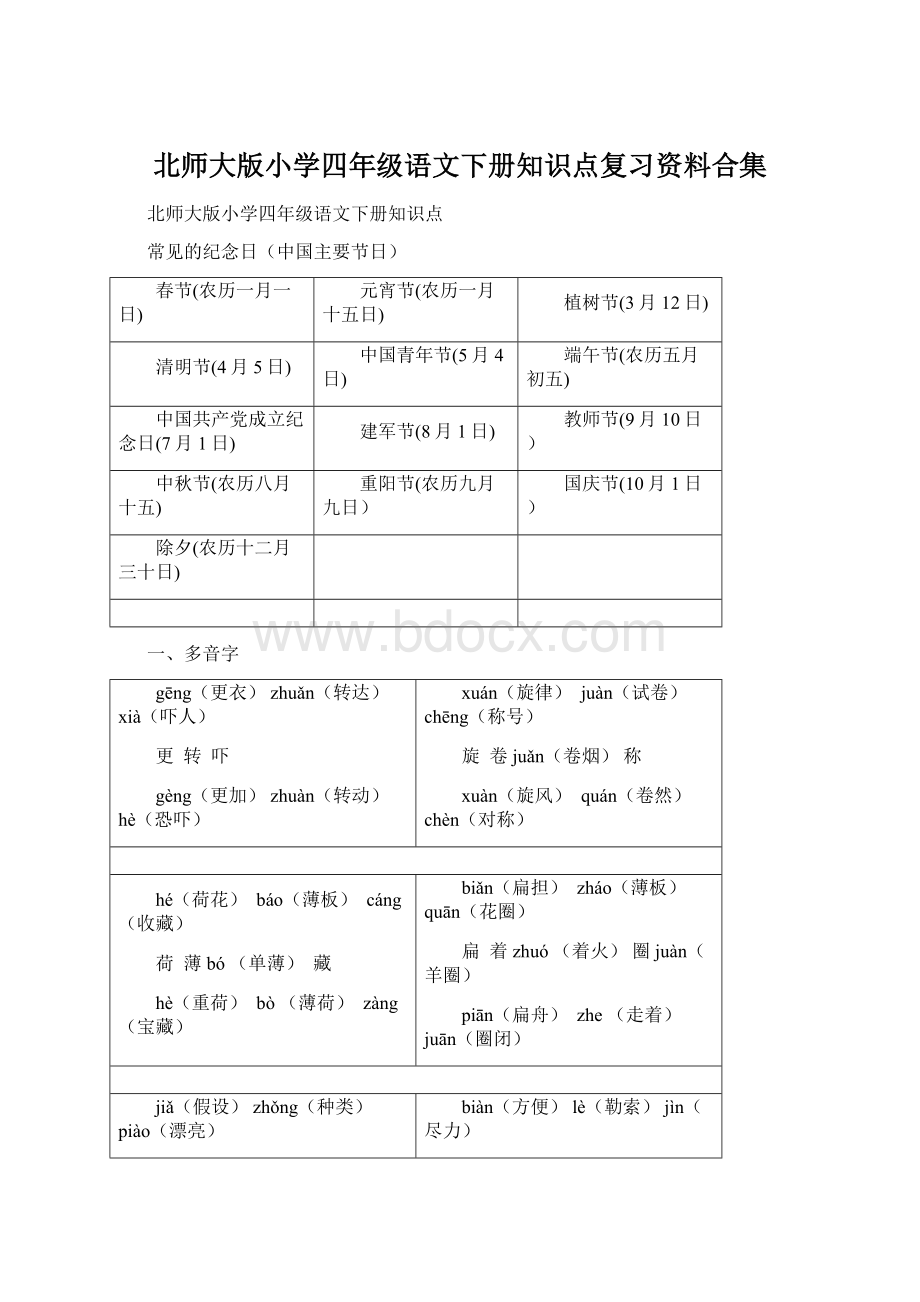 北师大版小学四年级语文下册知识点复习资料合集Word格式文档下载.docx