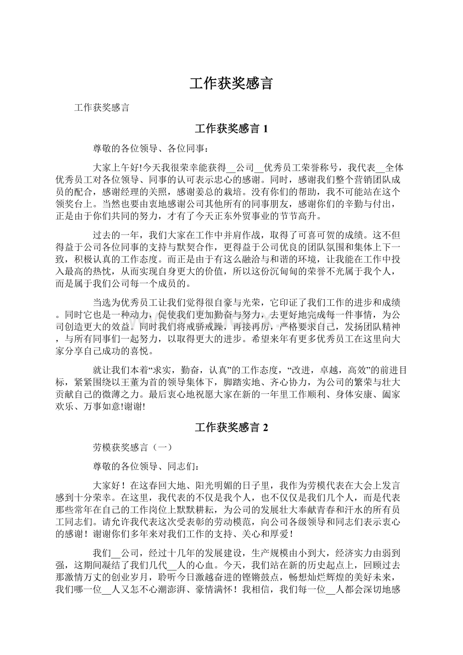 工作获奖感言Word格式文档下载.docx_第1页