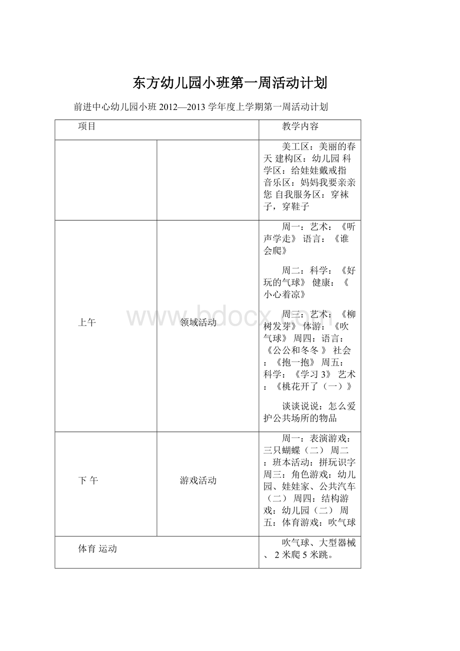 东方幼儿园小班第一周活动计划.docx