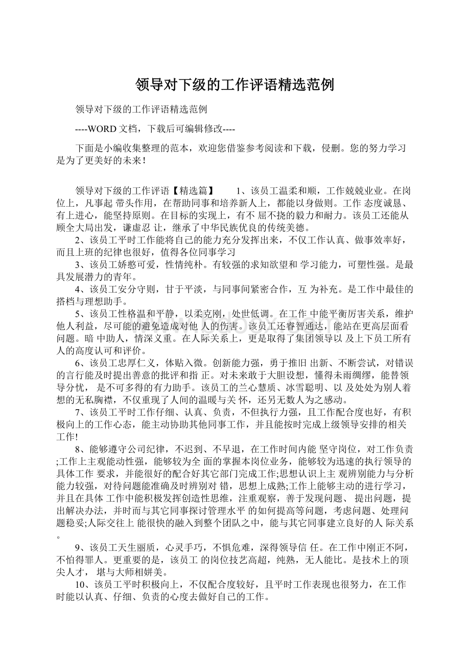 领导对下级的工作评语精选范例文档格式.docx_第1页