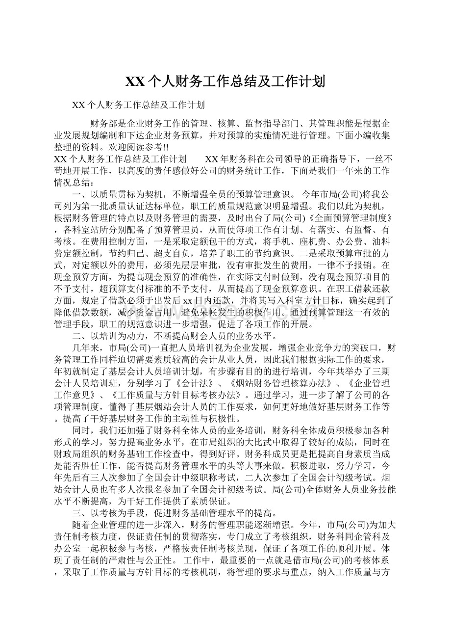 XX个人财务工作总结及工作计划Word格式文档下载.docx