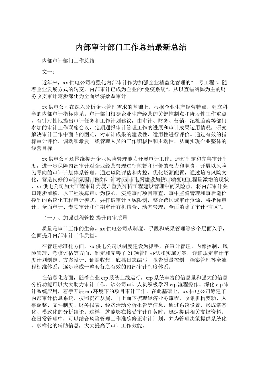 内部审计部门工作总结最新总结文档格式.docx