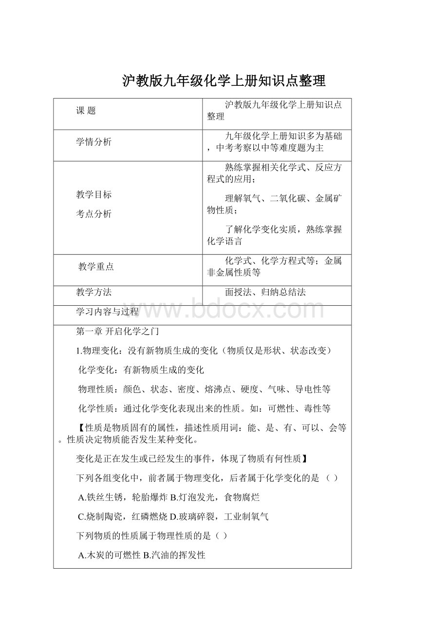 沪教版九年级化学上册知识点整理Word格式.docx