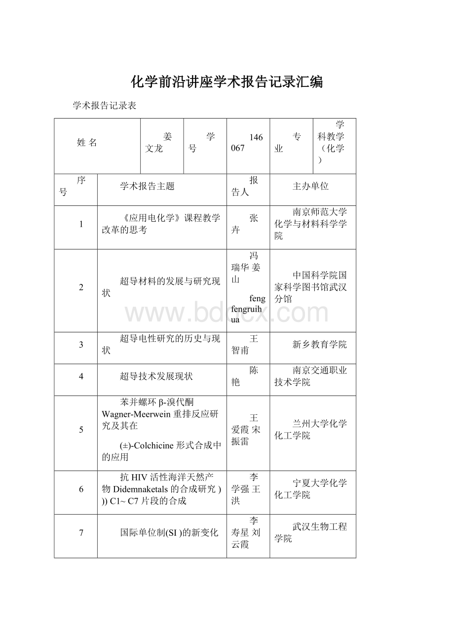 化学前沿讲座学术报告记录汇编文档格式.docx