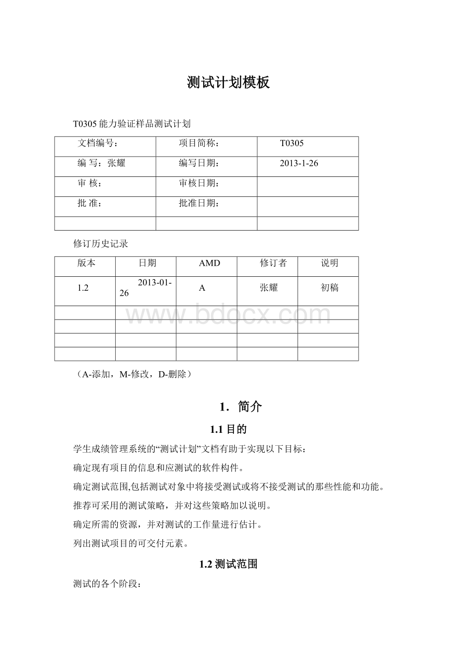 测试计划模板Word下载.docx_第1页