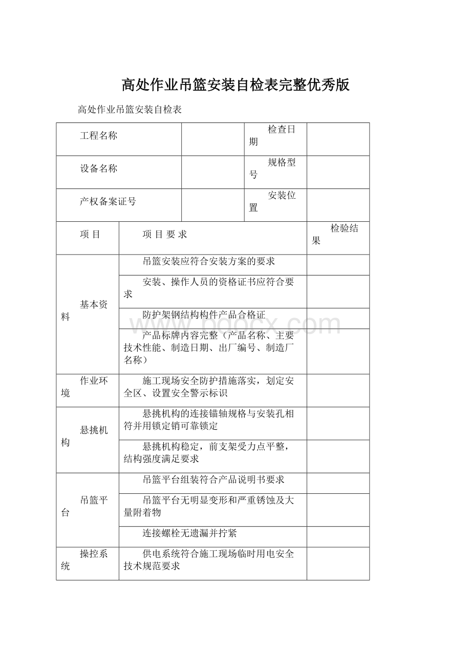 高处作业吊篮安装自检表完整优秀版Word格式文档下载.docx_第1页