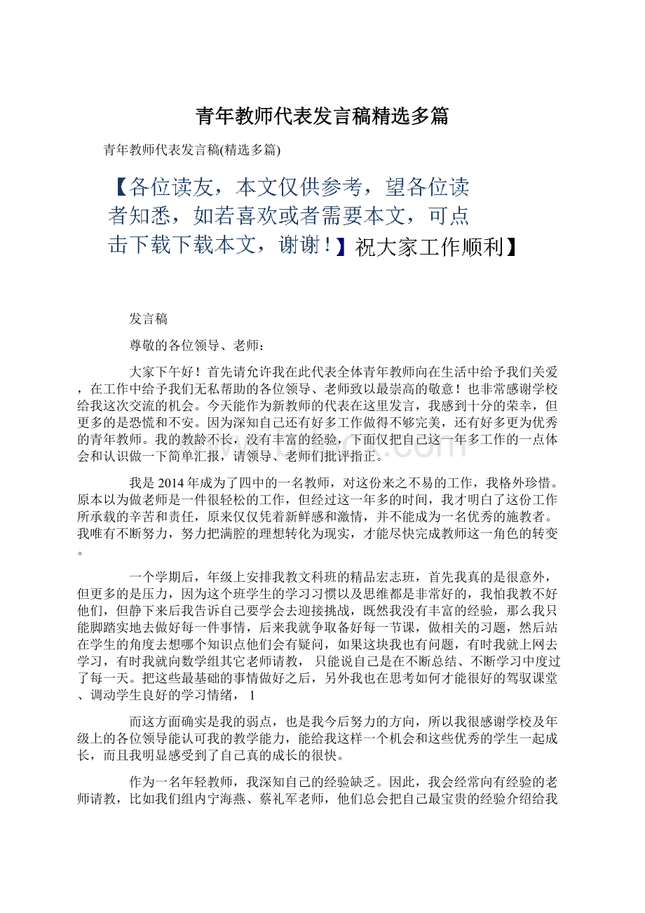 青年教师代表发言稿精选多篇Word下载.docx