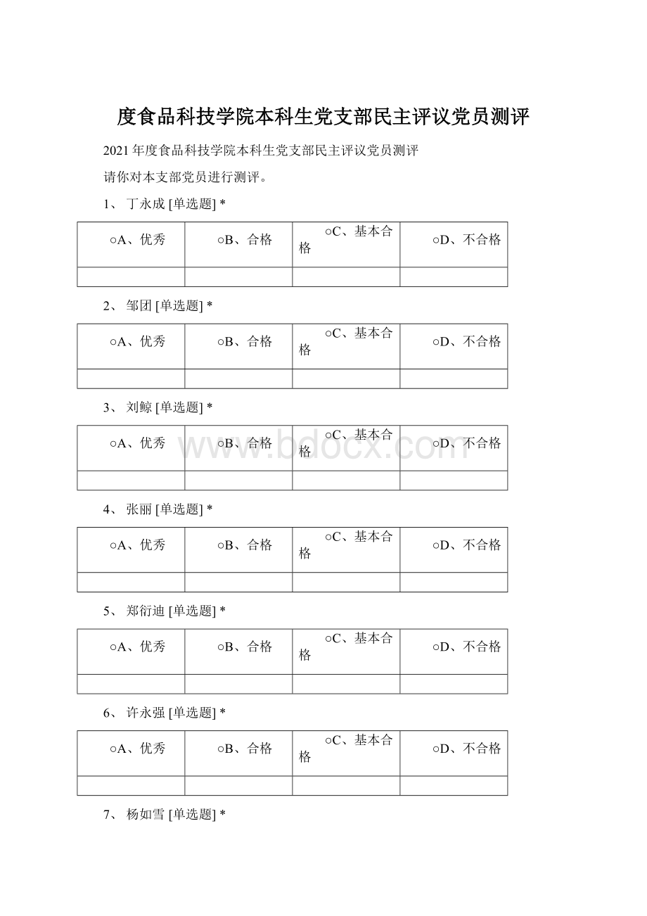 度食品科技学院本科生党支部民主评议党员测评文档格式.docx