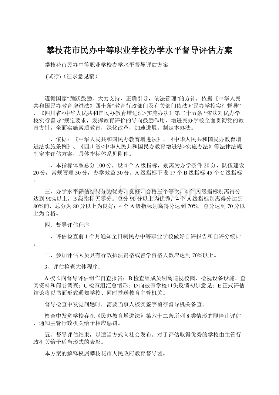 攀枝花市民办中等职业学校办学水平督导评估方案.docx