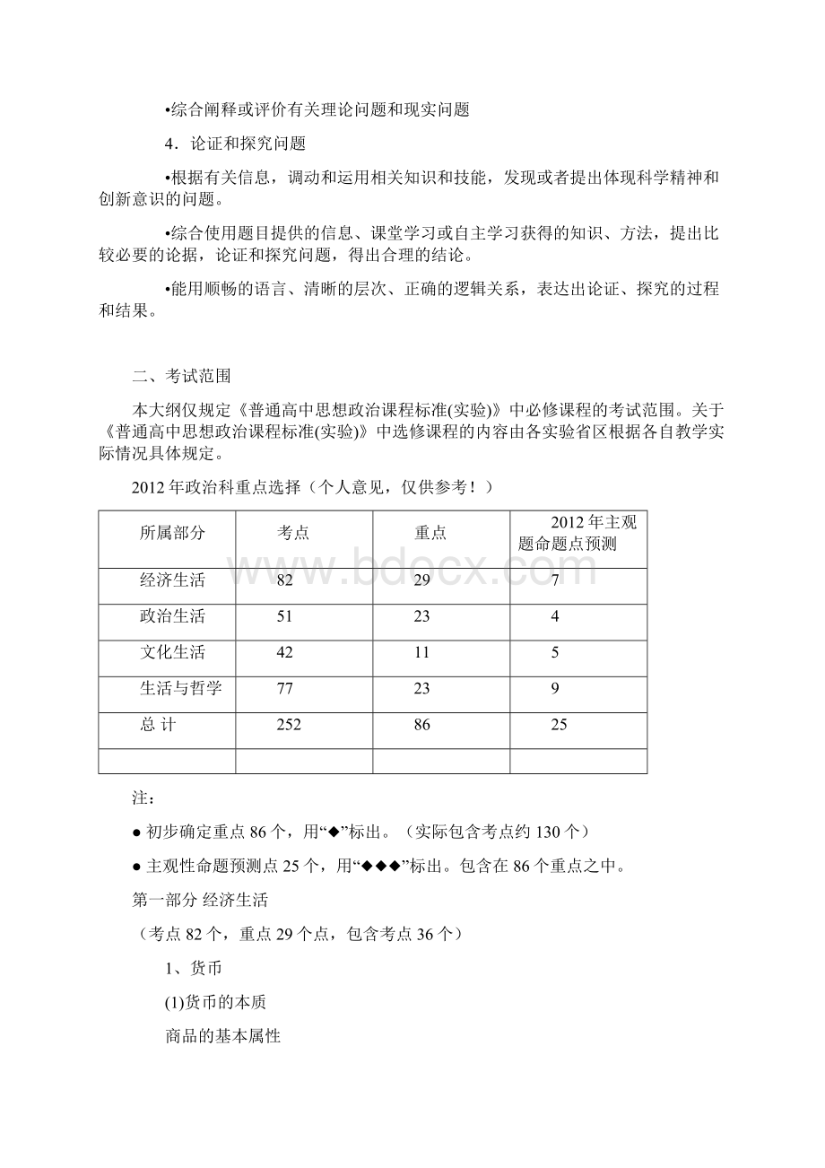 高中新课程政治科全国考纲重点选择.docx_第2页