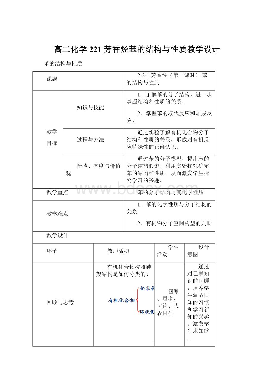 高二化学 221 芳香烃苯的结构与性质教学设计.docx_第1页