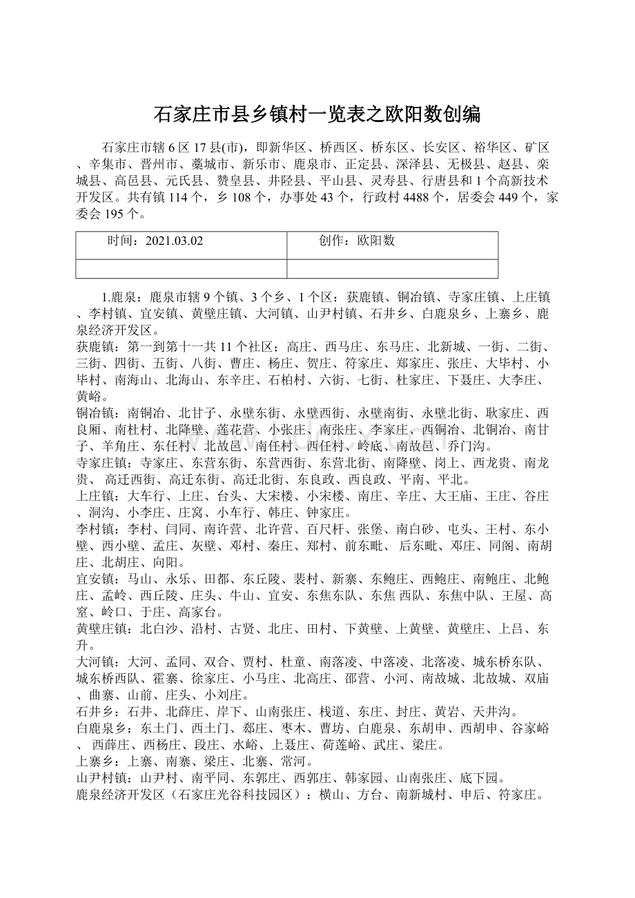 石家庄市县乡镇村一览表之欧阳数创编.docx