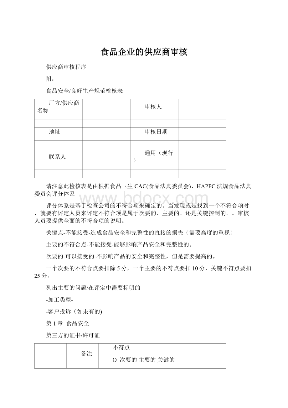 食品企业的供应商审核Word格式.docx_第1页