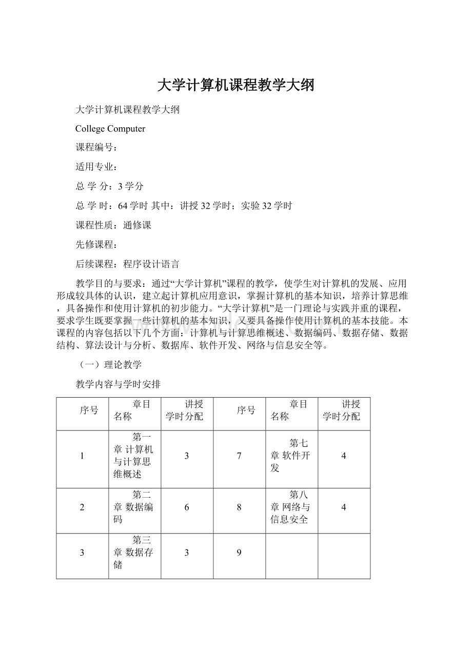 大学计算机课程教学大纲Word文档格式.docx_第1页