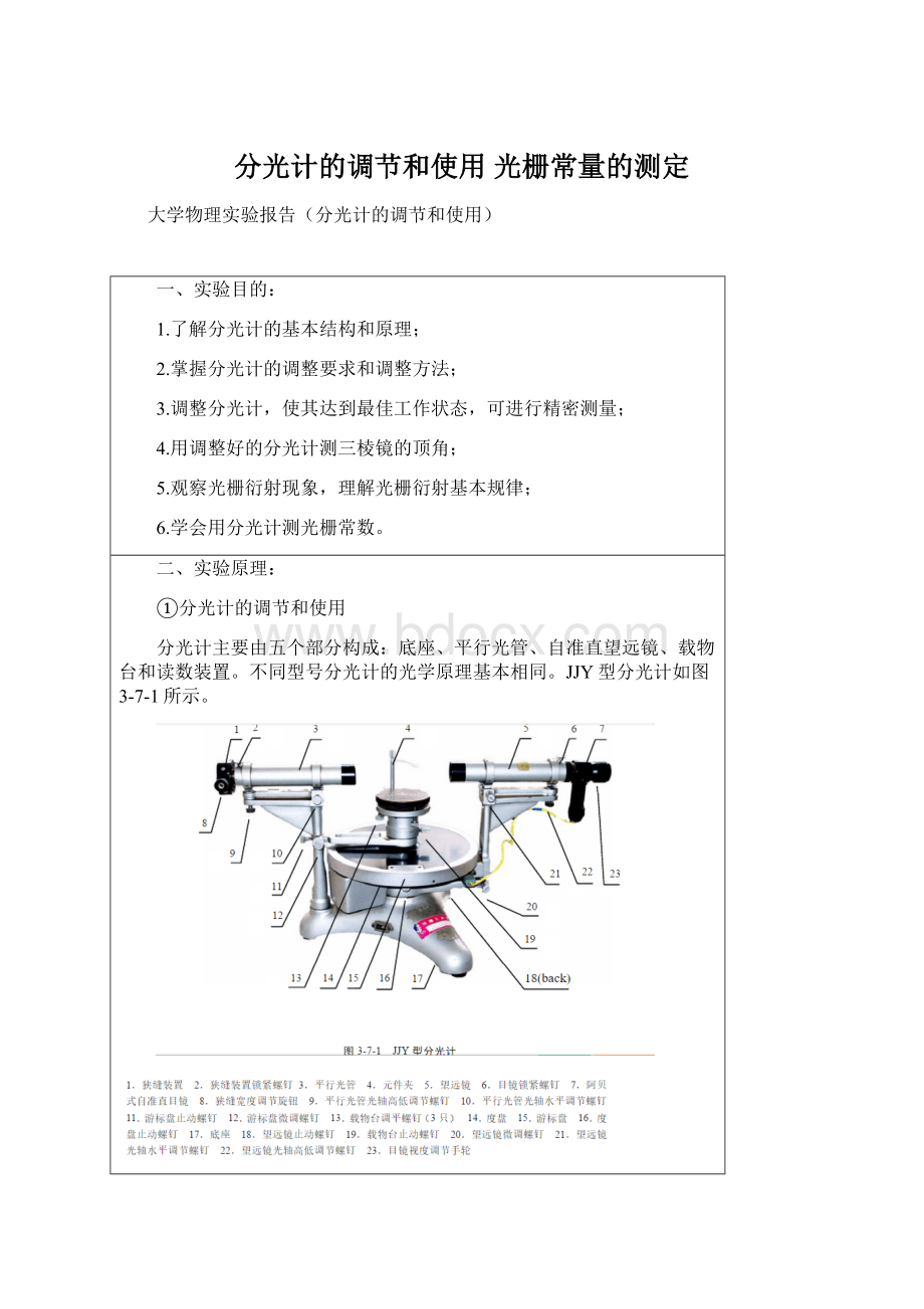 分光计的调节和使用 光栅常量的测定.docx