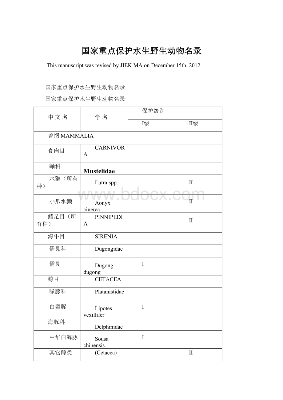 国家重点保护水生野生动物名录.docx_第1页