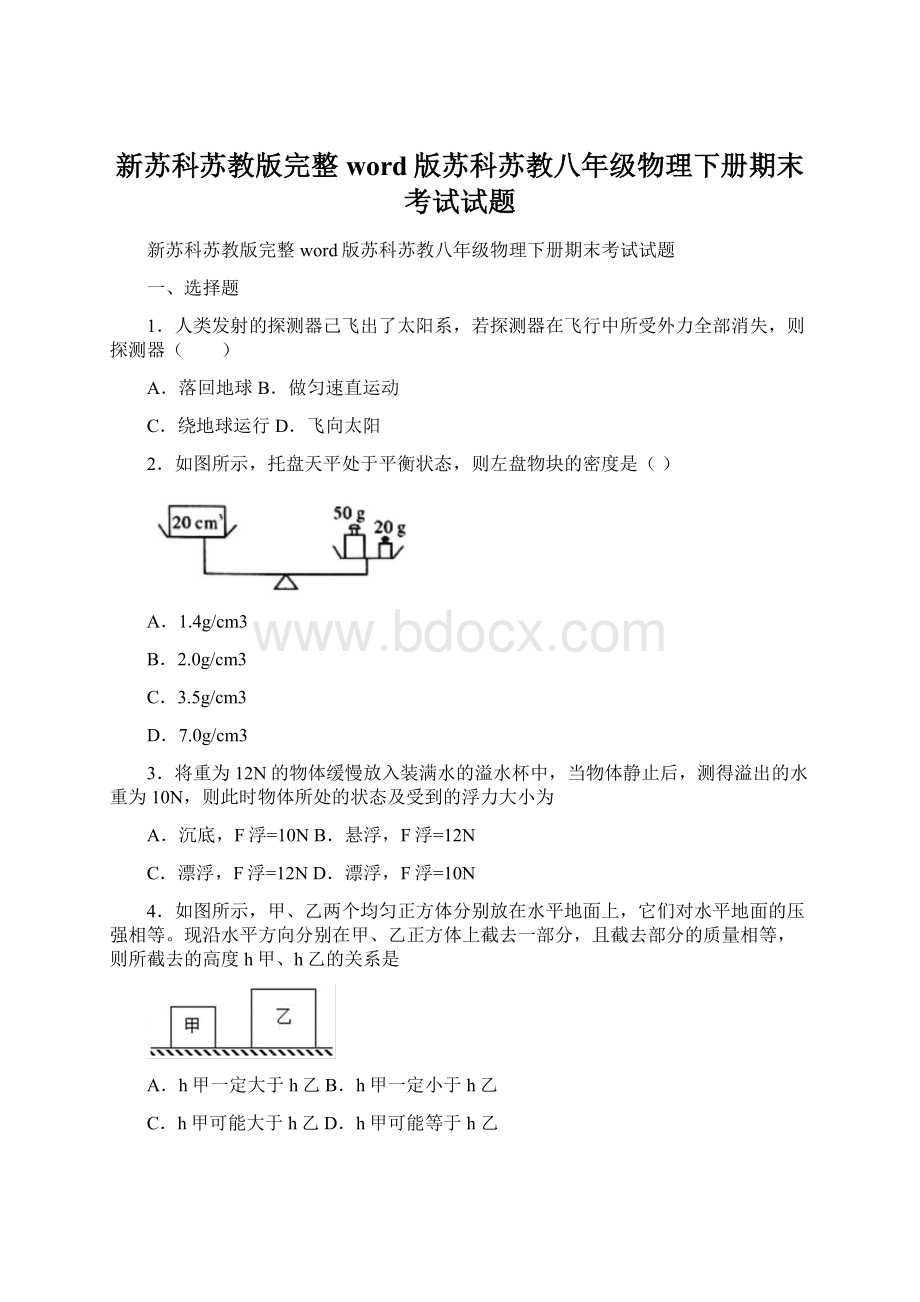 新苏科苏教版完整word版苏科苏教八年级物理下册期末考试试题文档格式.docx