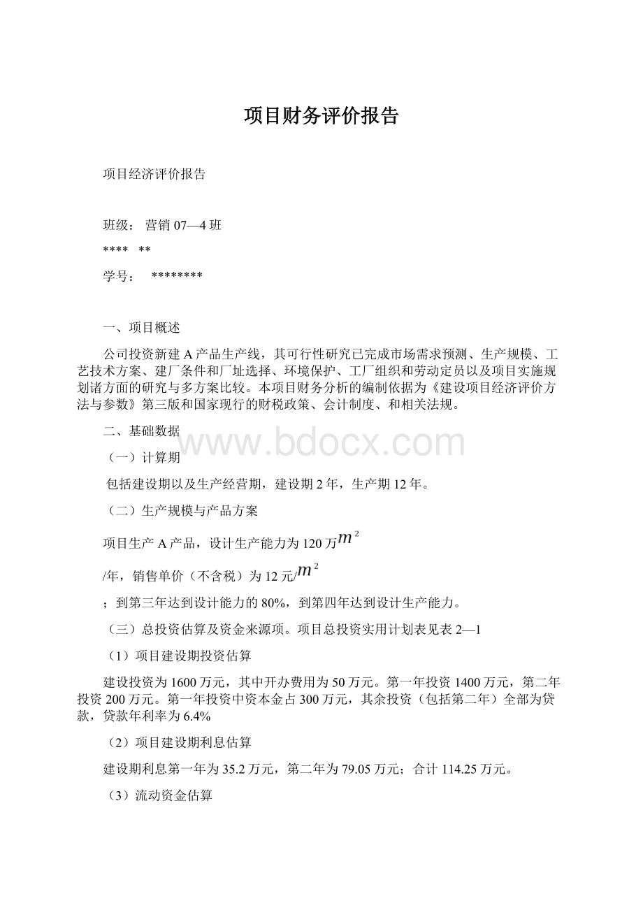 项目财务评价报告文档格式.docx_第1页