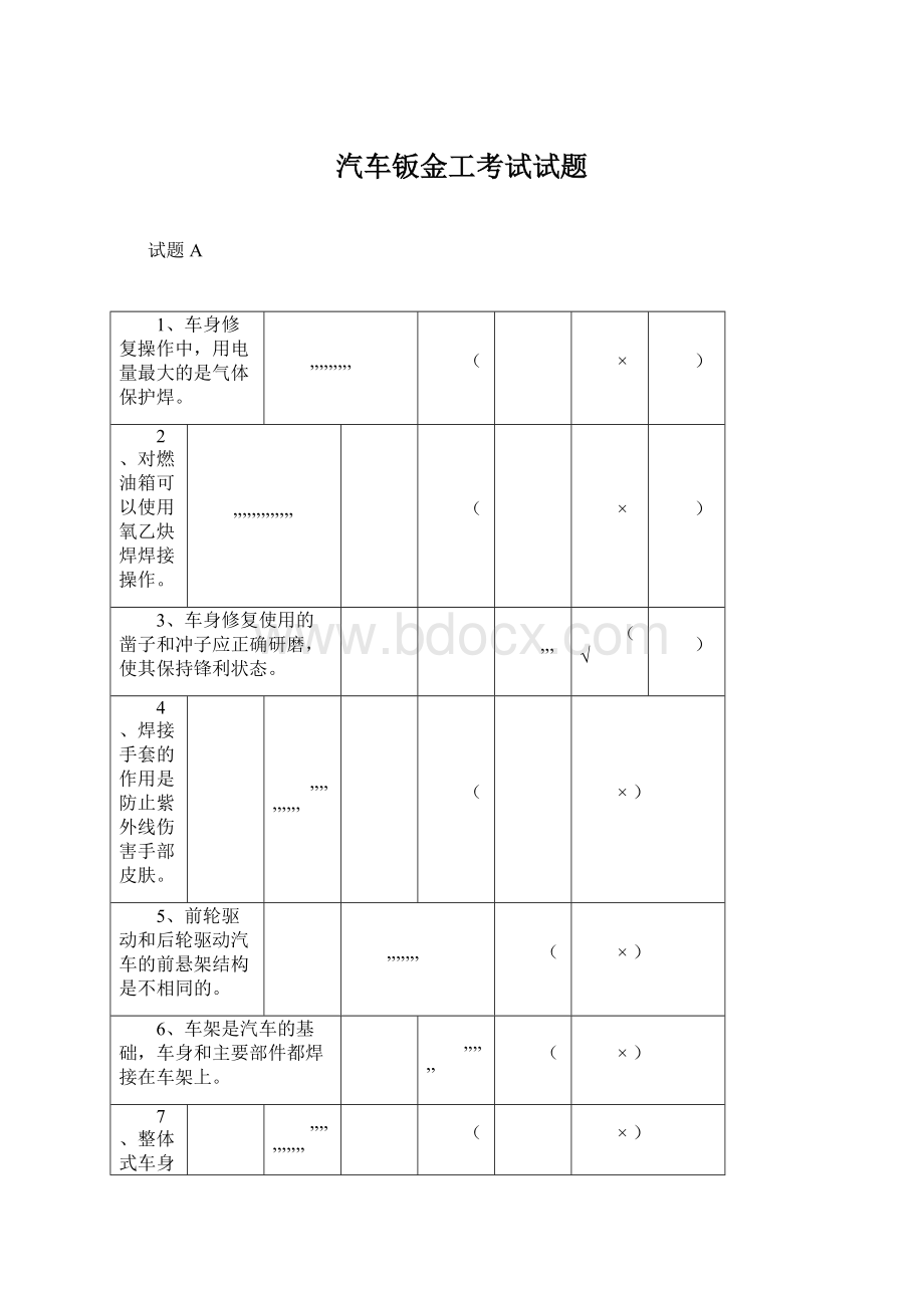 汽车钣金工考试试题.docx