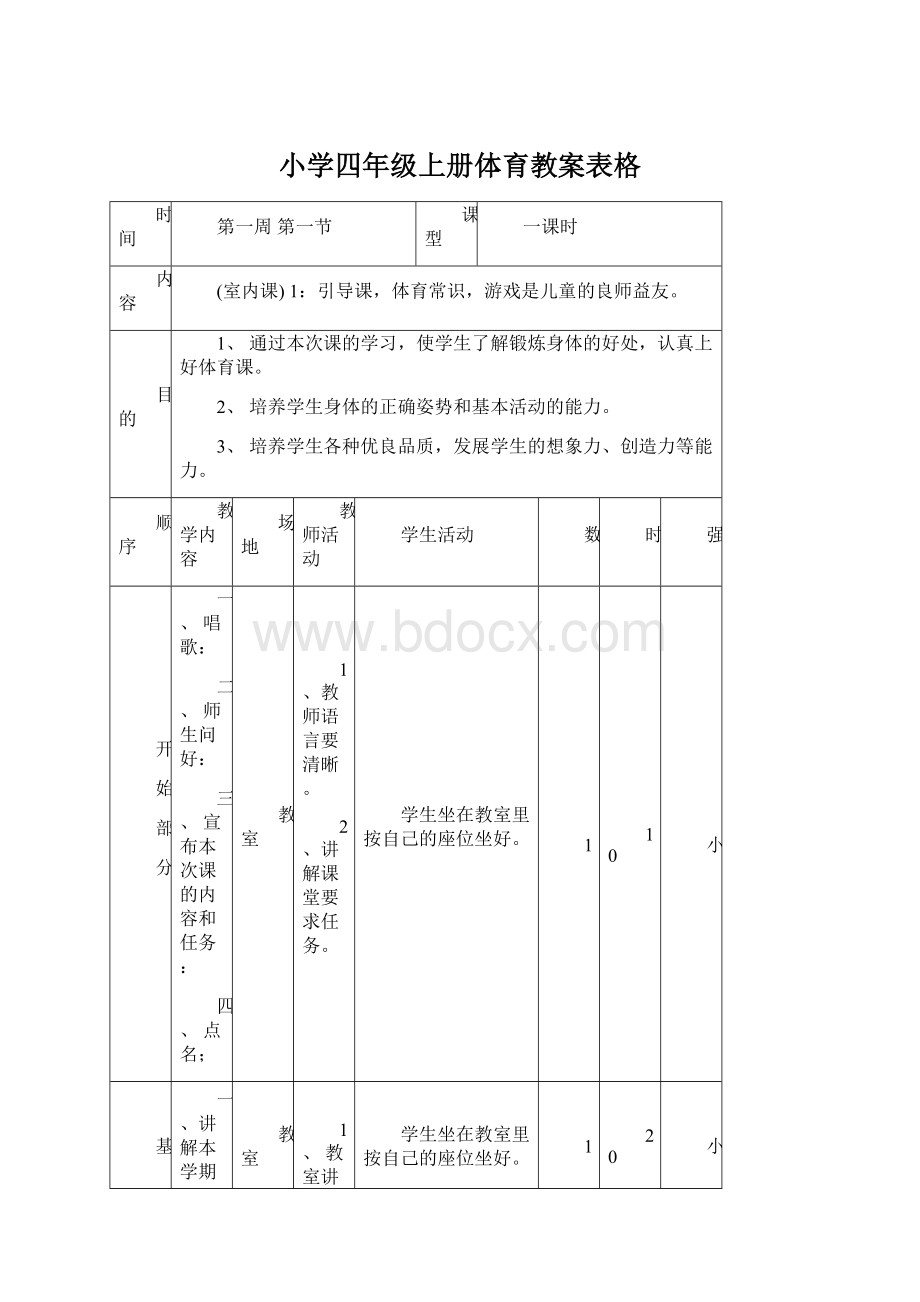 小学四年级上册体育教案表格.docx_第1页