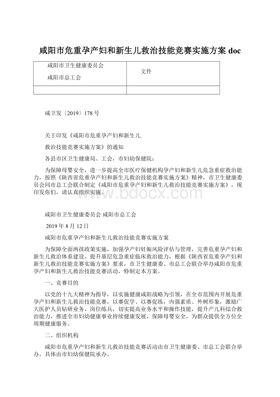 咸阳市危重孕产妇和新生儿救治技能竞赛实施方案doc.docx_第1页