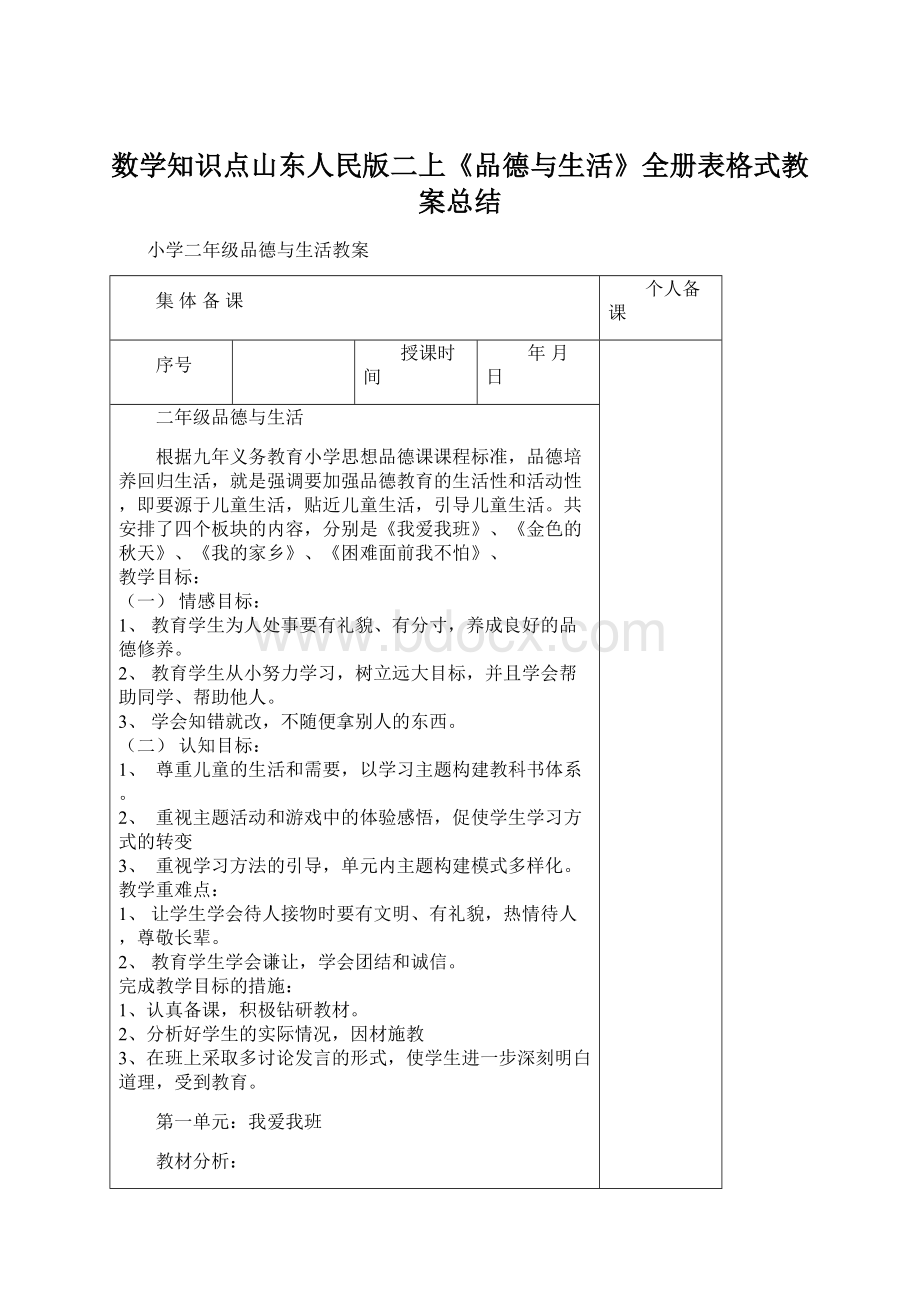 数学知识点山东人民版二上《品德与生活》全册表格式教案总结.docx