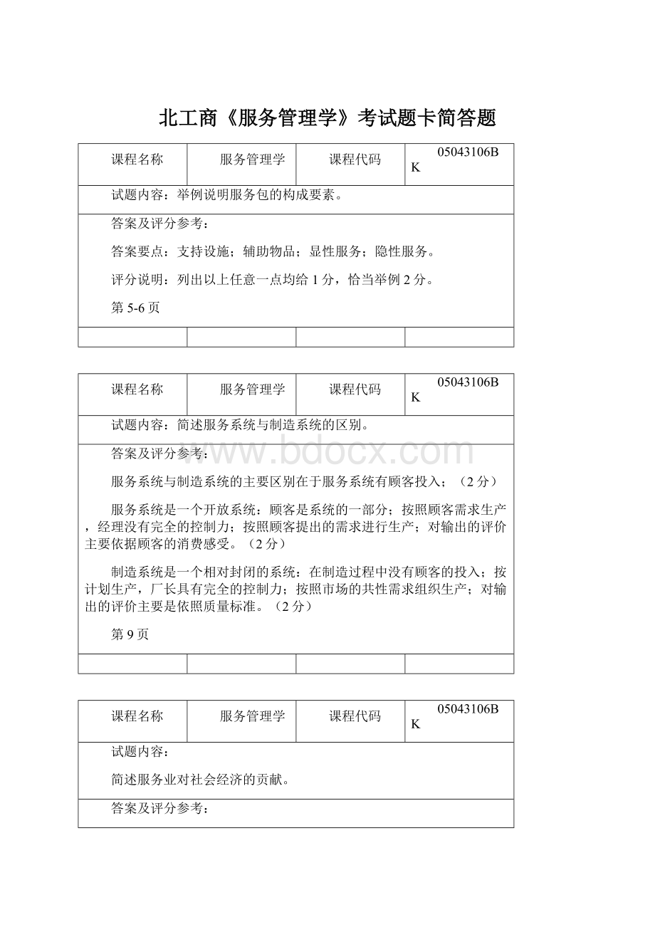 北工商《服务管理学》考试题卡简答题Word文档下载推荐.docx