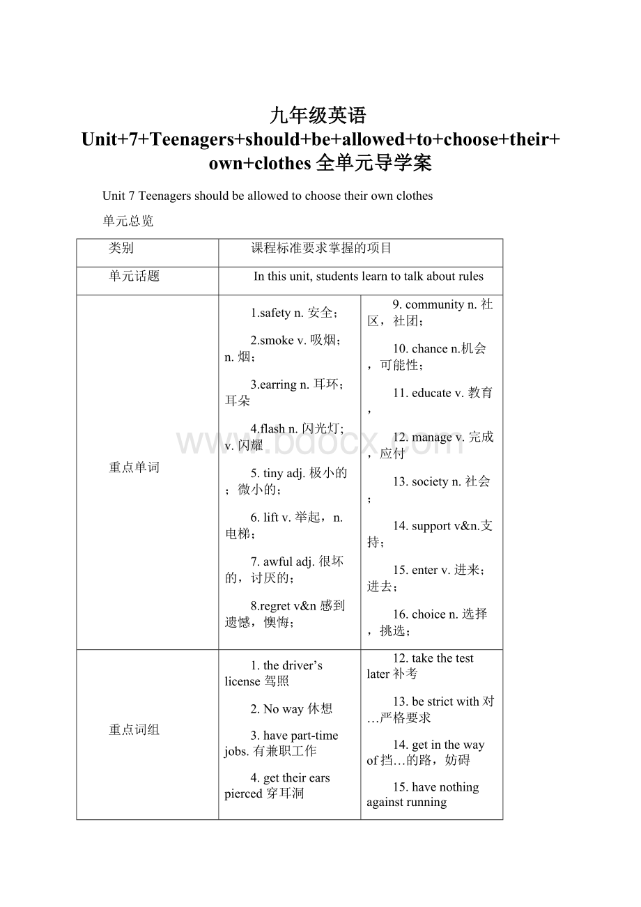 九年级英语Unit+7+Teenagers+should+be+allowed+to+choose+their+own+clothes全单元导学案Word文档下载推荐.docx_第1页