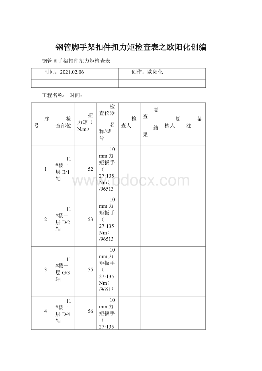 钢管脚手架扣件扭力矩检查表之欧阳化创编.docx