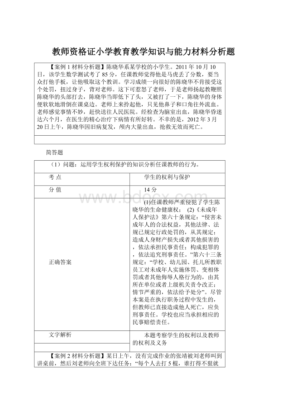 教师资格证小学教育教学知识与能力材料分析题Word文件下载.docx