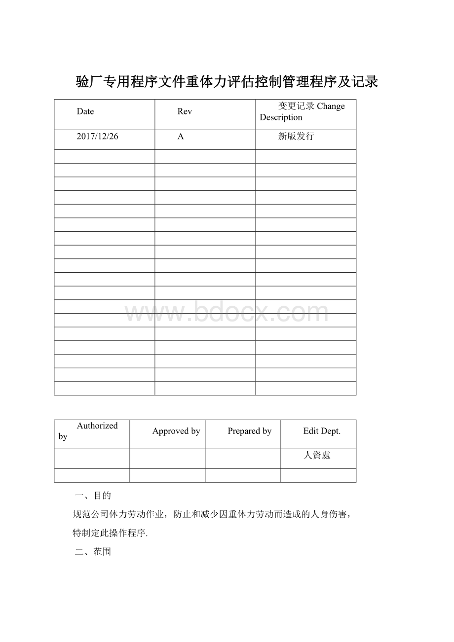 验厂专用程序文件重体力评估控制管理程序及记录Word格式.docx