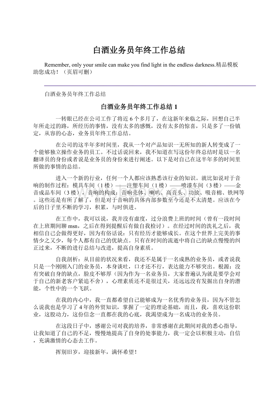 白酒业务员年终工作总结Word文档格式.docx