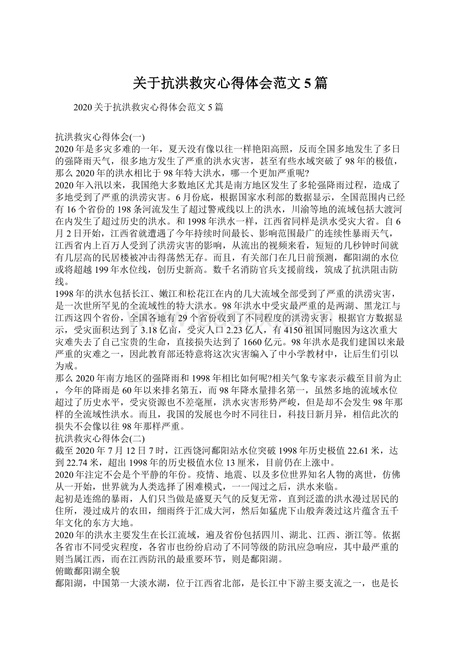 关于抗洪救灾心得体会范文5篇Word文档格式.docx