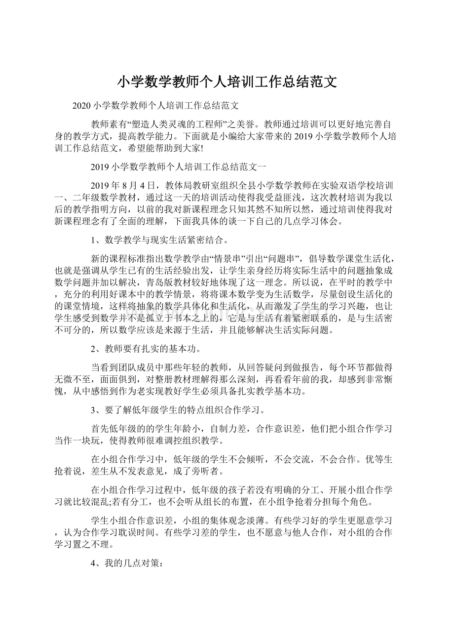 小学数学教师个人培训工作总结范文文档格式.docx