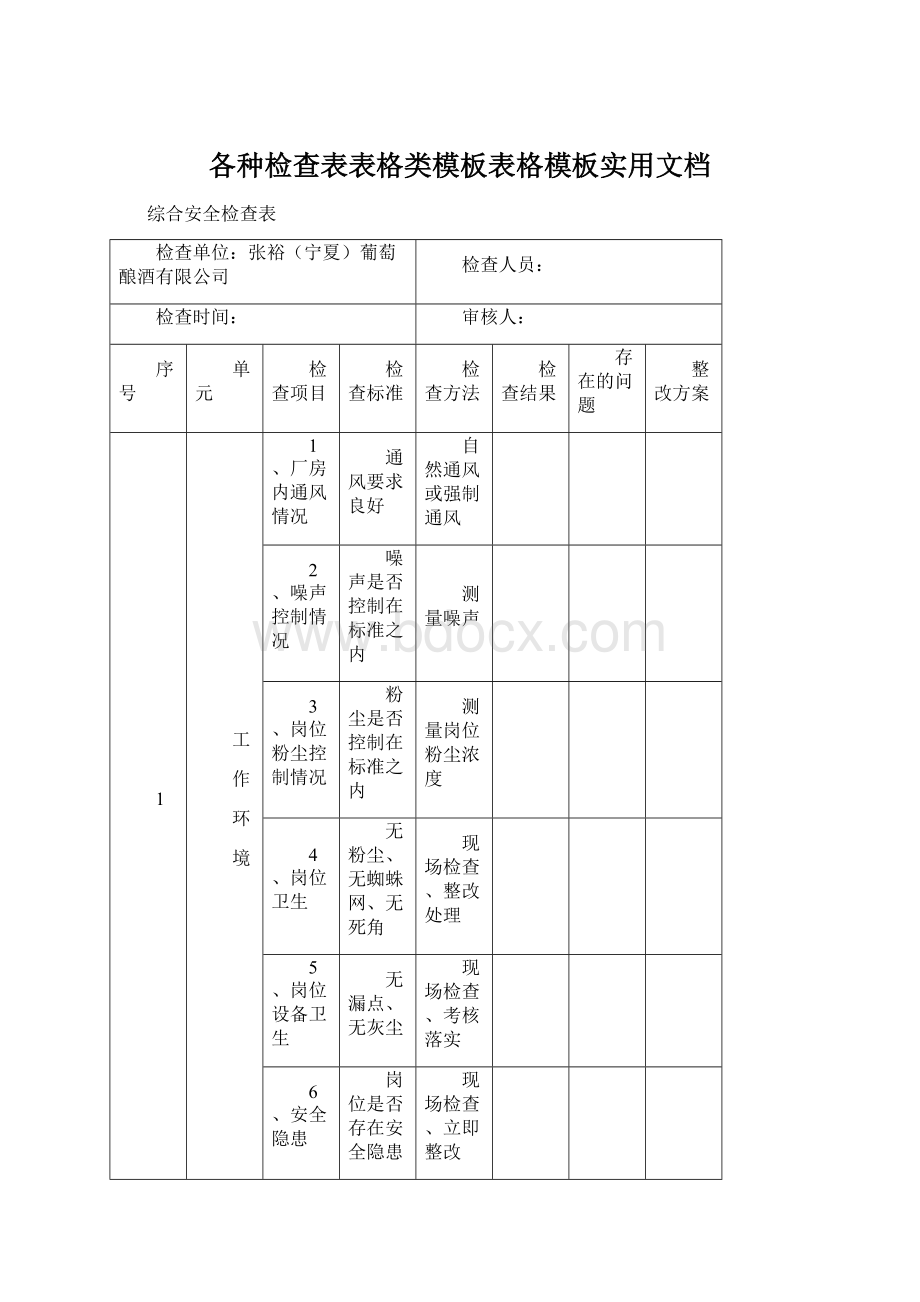 各种检查表表格类模板表格模板实用文档.docx