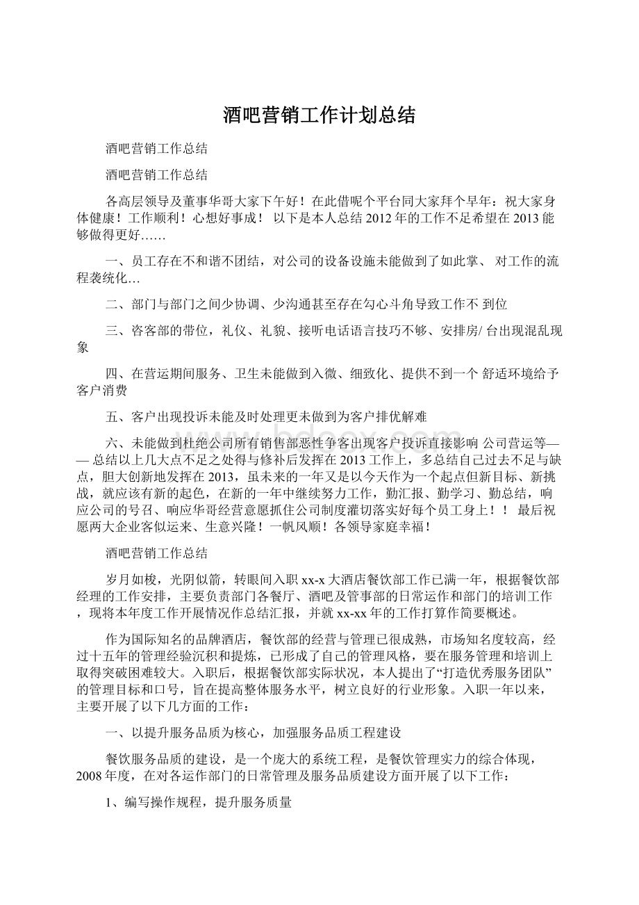 酒吧营销工作计划总结Word格式文档下载.docx