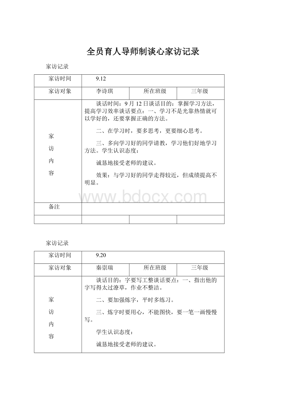 全员育人导师制谈心家访记录Word格式.docx