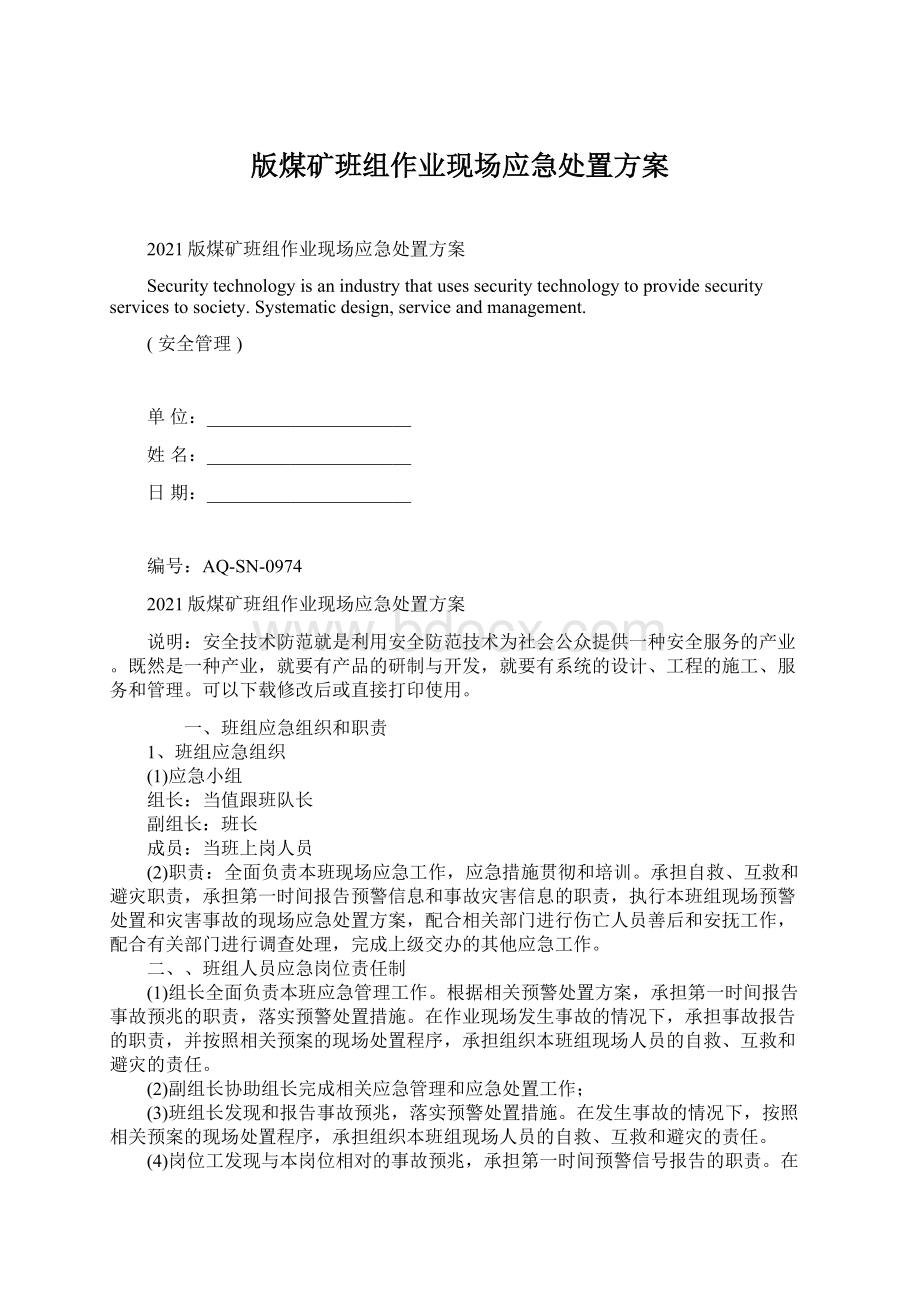 版煤矿班组作业现场应急处置方案Word格式文档下载.docx