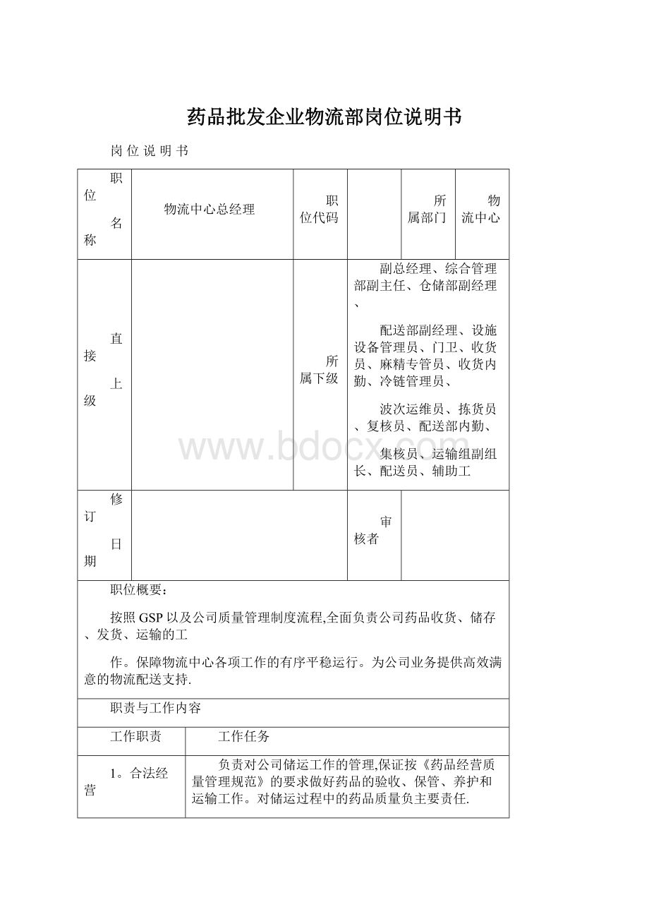 药品批发企业物流部岗位说明书Word文件下载.docx