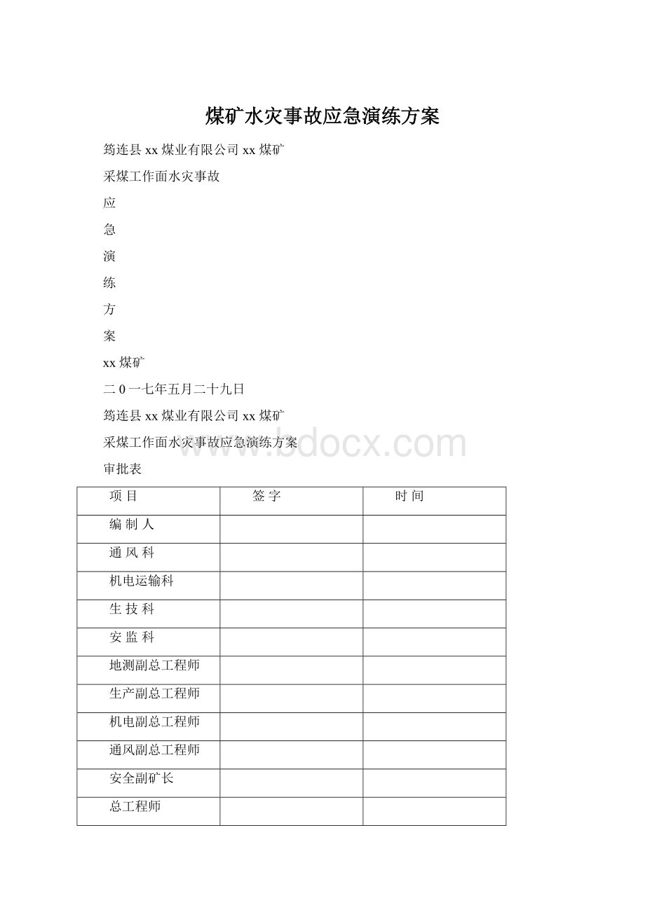 煤矿水灾事故应急演练方案Word文档格式.docx