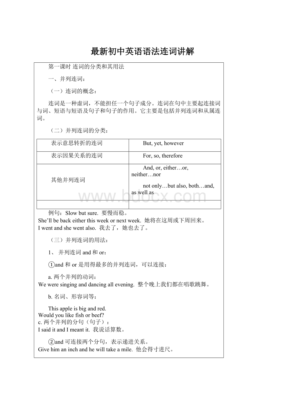 最新初中英语语法连词讲解文档格式.docx