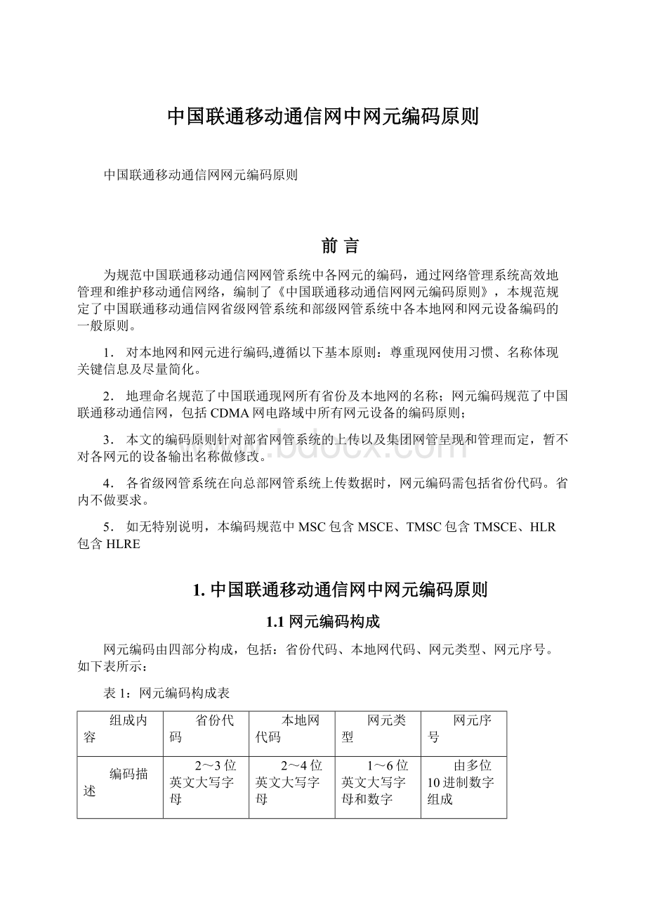 中国联通移动通信网中网元编码原则Word格式.docx