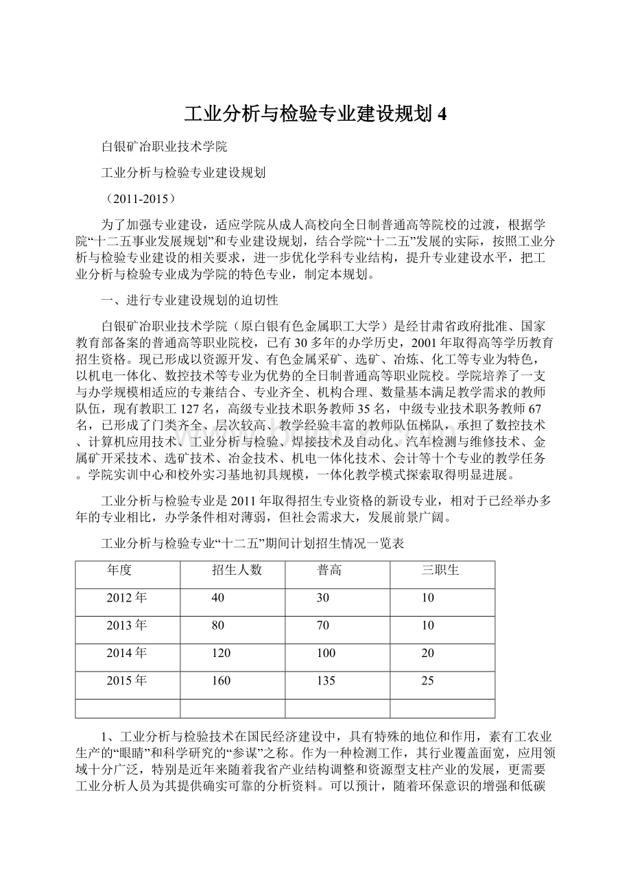 工业分析与检验专业建设规划4Word文档下载推荐.docx_第1页