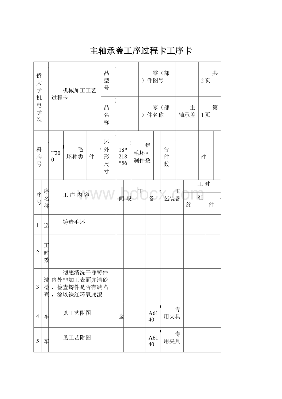 主轴承盖工序过程卡工序卡.docx