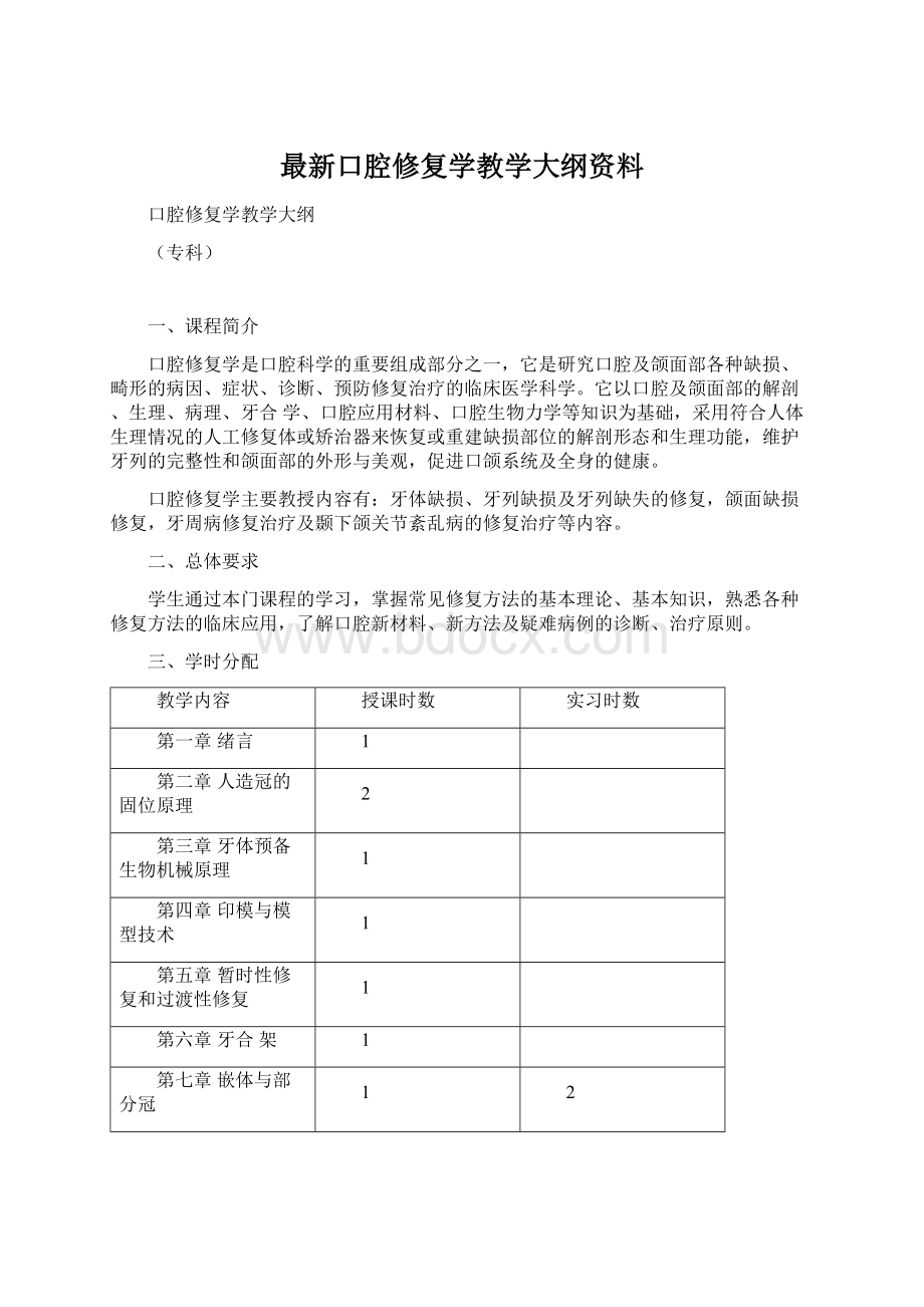 最新口腔修复学教学大纲资料.docx