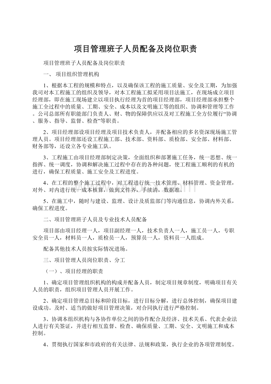 项目管理班子人员配备及岗位职责.docx