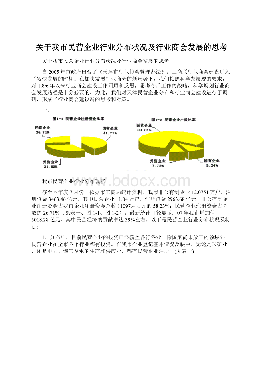 关于我市民营企业行业分布状况及行业商会发展的思考Word下载.docx_第1页