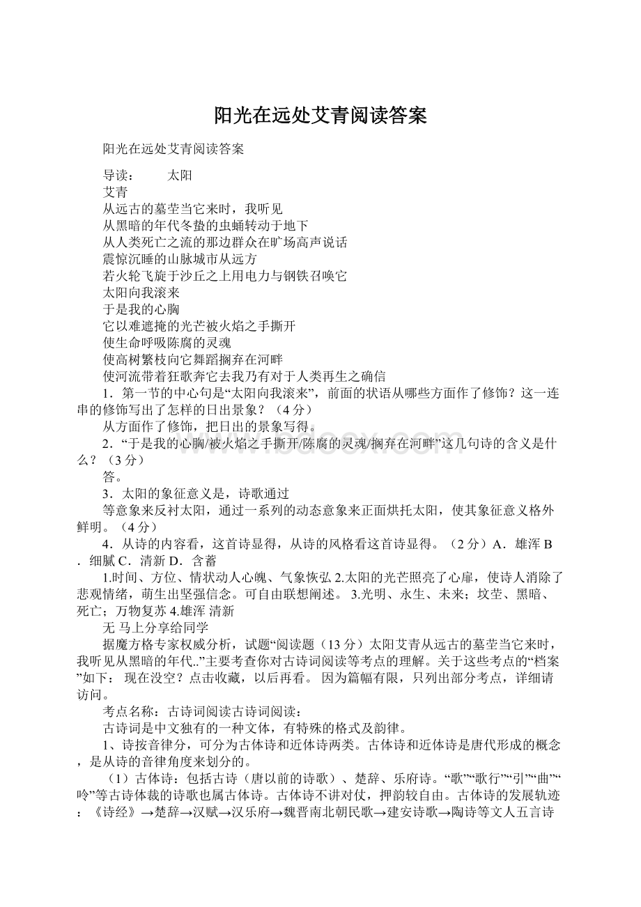 阳光在远处艾青阅读答案Word文件下载.docx_第1页