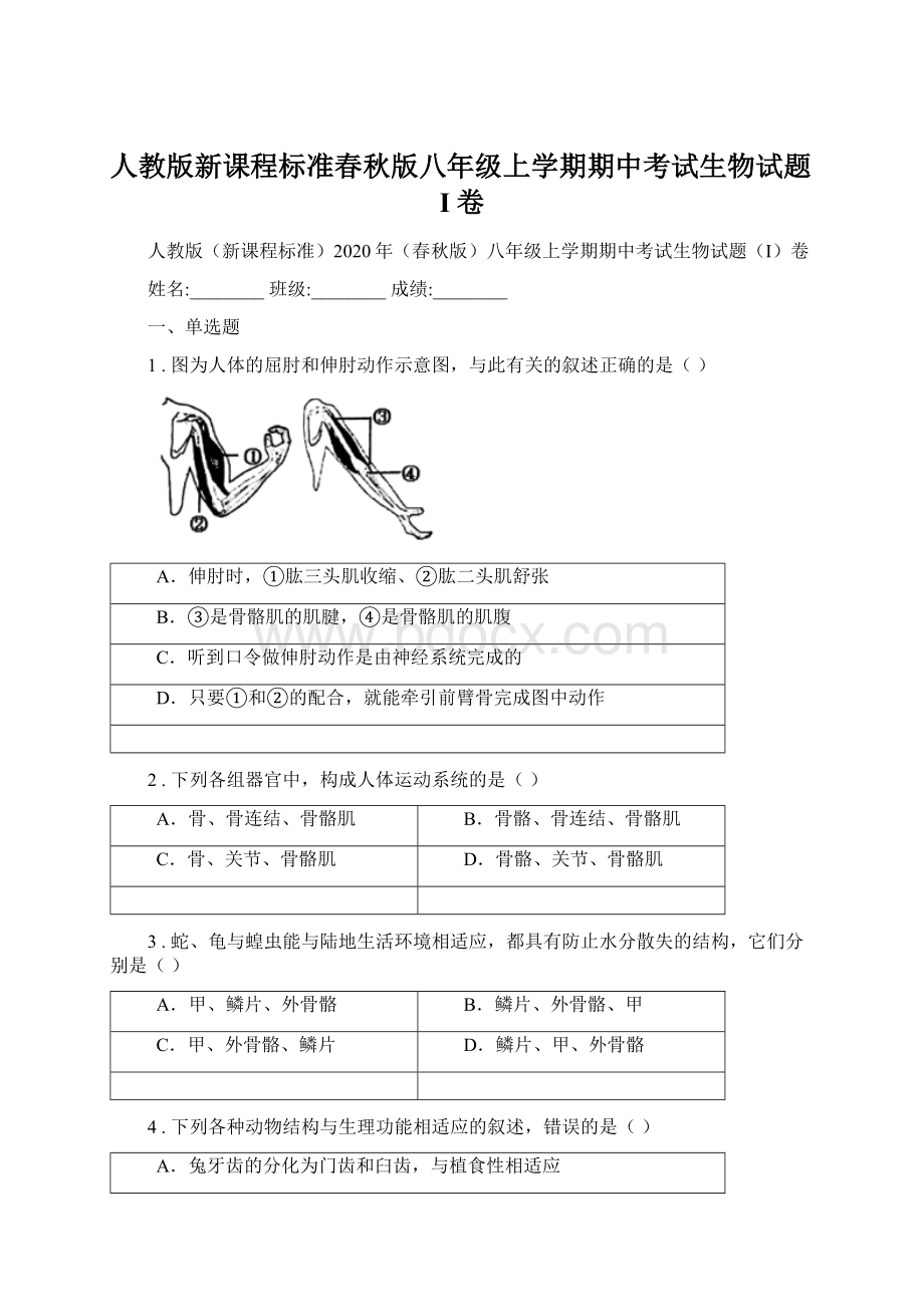 人教版新课程标准春秋版八年级上学期期中考试生物试题I卷.docx_第1页